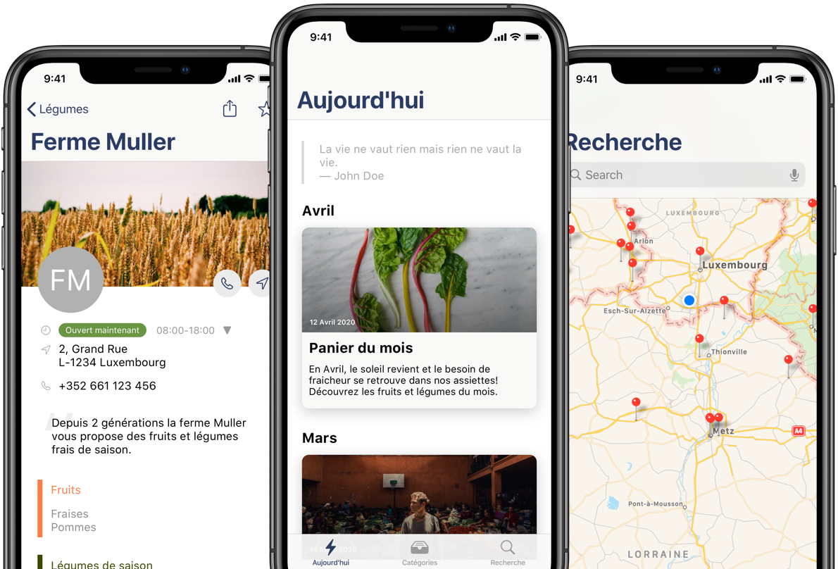 3 smartphones displaying the app on various screens: business page, newsfeed screen and search with map